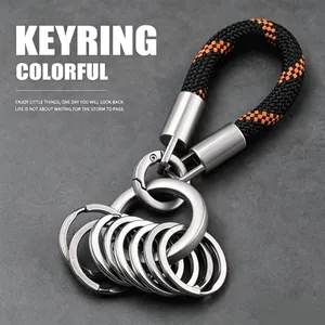 Detailed view of woven rope car keyring with multi-ring design and metal finish