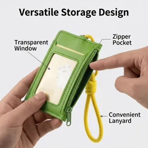 Green multifunctional card holder featuring a yellow lanyard, zipper pocket and ID window