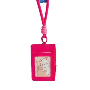 Pink multi-slot card holder with lanyard and cute cartoon bear detail