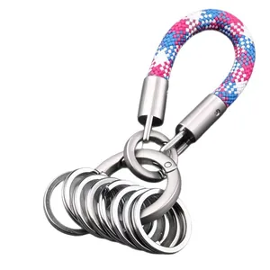 Colorful braided rope car keychain featuring a minimalist multi-ring metal design for keys