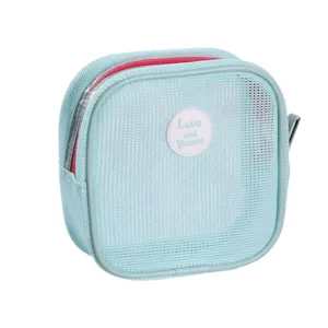 Light blue square mesh travel cosmetic storage bag with zipper and Love and Peace badge