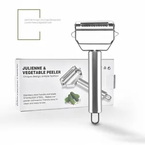 Detail view of professional stainless steel julienne peeler with retail packaging box