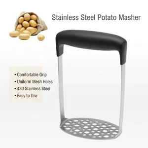 Manual stainless steel potato masher with ergonomic handle and uniform mesh base