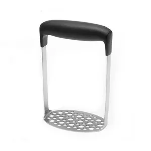 Ergonomic stainless steel potato masher with black rubber handle on white background