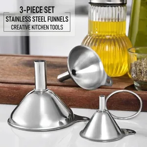 Juego de 3 Embudos de Acero Inoxidable para Cocina Pequeños Mini Embudos Con Anillo Colgante y Cepillo de Limpieza para Llenar Botellas Aceite Vino Plata