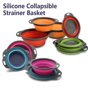 Set of vibrant colorful collapsible silicone round colanders shown in various folding stages