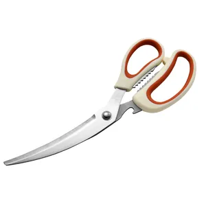 Multifunctional stainless steel kitchen scissors with curved blades and orange soft-grip handle