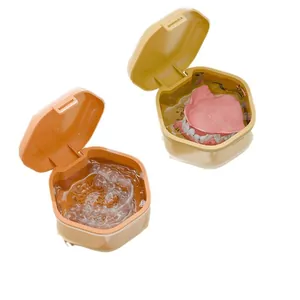 Portable orthodontic retainer and denture storage box with lid for travel and cleaning