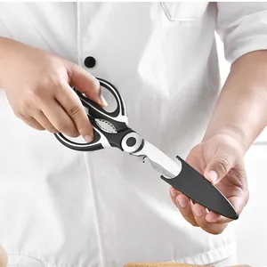 Stainless steel kitchen shears with black handle and protective cover