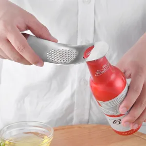 Stainless steel 2-in-1 manual garlic press and beer bottle opener for home kitchen use