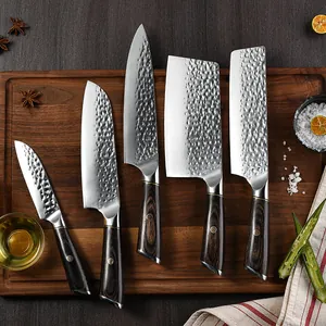 Coltello da Cucina Giapponese Martellato Forgiato in Acciaio ad Alto Carbonio Mannaia da Chef Professionale Con Manico in Pakka