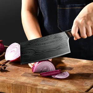 Professional Damascus pattern kitchen cleaver for slicing meat and vegetables on wood