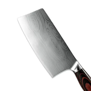 Sharp Damascus pattern cleaver knife with ergonomic wood handle