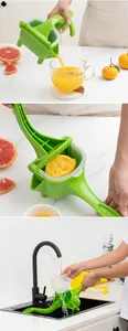 Manual plastic juicer usage scenarios showing the juicing and easy cleaning process at home