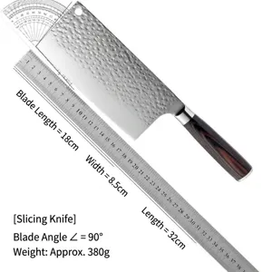Forged Chinese chef knife with hammered finish and wood handle, showing dimensions