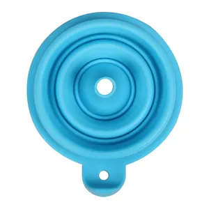 Top view of a blue foldable food-grade silicone kitchen funnel with a convenient hanging hole