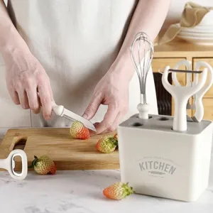 Weißes 6-teiliges Küchenhelfer-Set aus Edelstahl mit Messer und Aufbewahrungsbox