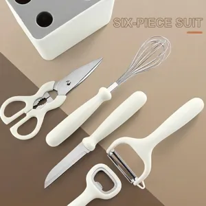 6-teiliges Küchenhelfer-Set aus Edelstahl mit cremefarbenen Griffen und Halter
