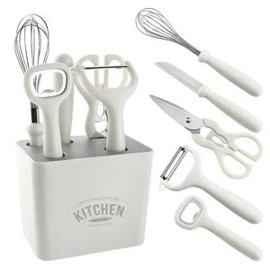 Minimalistisches 6-teiliges Küchenhelfer-Set aus Edelstahl mit weißem Aufbewahrungsblock