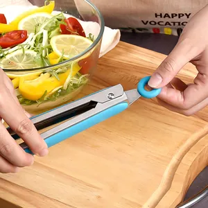 9-inch heat-resistant food tongs with blue non-slip silicone handle for BBQ and baking