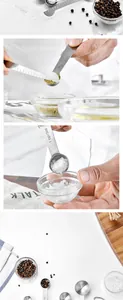 Close-up of stainless steel measuring spoons and leveling tool with engraved measurements.