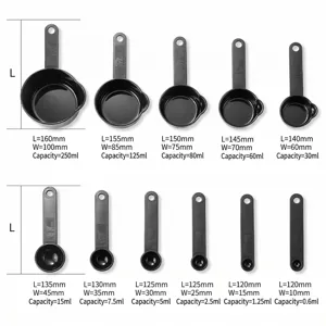 11-piece professional black plastic measuring cup and spoon set with detailed dimensions