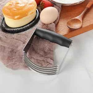 Professional stainless steel pastry blender with ergonomic black handle for baking