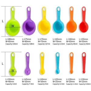 12-teiliges buntes Kunststoff-Messbecher- und Löffel-Set mit ml- und mm-Angaben für die Küche