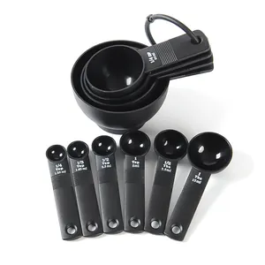 10-piece black plastic measuring cup and spoon set with ring for kitchen use