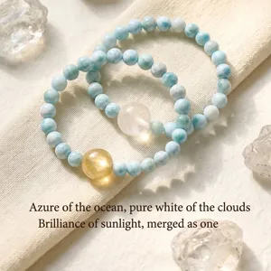 Natural Larimar and golden mica beaded bracelet for women with serene blue round stones