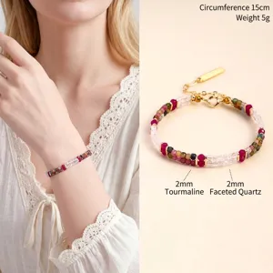 Handmade 2mm colorful tourmaline and faceted clear crystal beaded bracelet for women