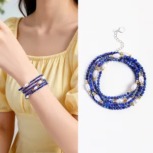 Meerlaagse ketting en armband van natuurlijke zoetwaterparels en lapis lazuli