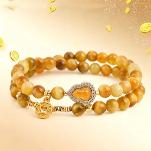 Natural yellow tiger eye stone double-strand bracelet with golden gourd charm