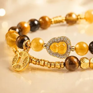 Double-strand tiger eye and yellow crystal bracelet with auspicious gold charms