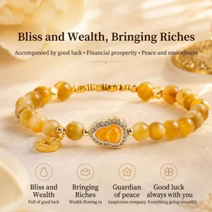 Natural yellow tiger eye beaded bracelet with a crystal-inlaid gourd and coin charm