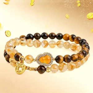 Natural yellow tiger eye and citrine double-loop bracelet with sparkling gold gourd charm