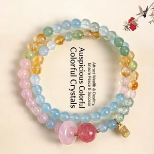 Pulsera de Cuentas de Cuarzo Rosa y Citrino de Doble Lazo para Mujer Colgante Fu Dorado Joyería de Cristal de la Suerte Regalo