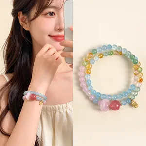 Pulsera de doble capa de cuentas de cristal natural con piedras rosas y amarillas