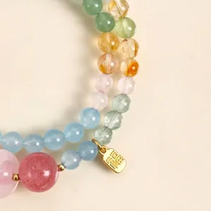 Pulsera de doble vuelta de cristal natural con amuleto de la suerte dorado mujer