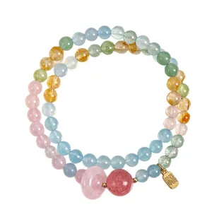 Pulsera artesanal de doble vuelta con cuentas de cristal natural, cuarzo rosa y dije