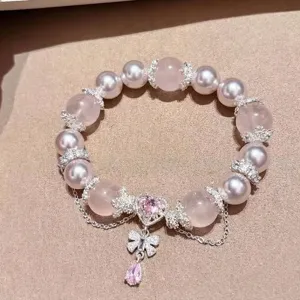 Pulsera de Cuentas de Cristal Natural Rosa Blanco Dulce para Mujer Exquisito Colgante de Corazón y Lazo Joyería de Perlas Artificiales