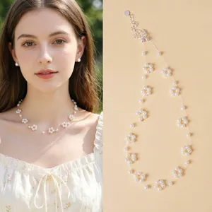 Fresh Forest Style Handmade Flower Star Beaded Necklace Women Amazonite Prehnite Blue Chalcedony Artificial Pearl Crystal Jewelry For Gift Daily Dating