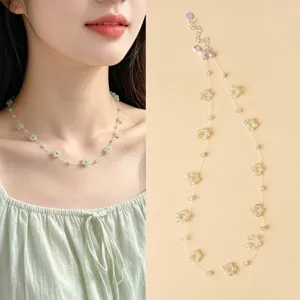Fresh forest style green crystal beaded necklace with flower design for women