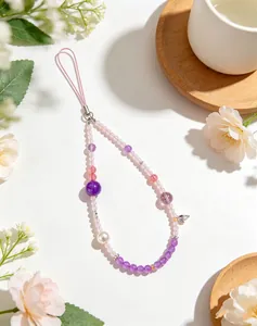 Detailed view of handmade phone strap with natural amethyst beads and pink quartz