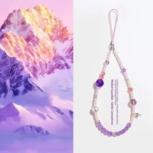 Natural Amethyst Rose Quartz Crystal Artificial Pearl Phone Charm Hand Beaded Bag Pendant Elegant Stone Hanging Strap For Women