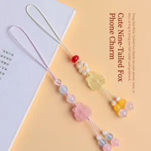 Natural Crystal Nine-Tailed Fox Phone Charm Handmade Beaded Lanyard Pendant For Bags Cell Phones Sweet Cute Animal Decorative Keychain Accessory