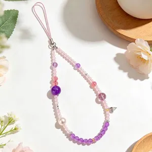 Elegant handmade amethyst and rose quartz beaded phone lanyard with a silver leaf charm