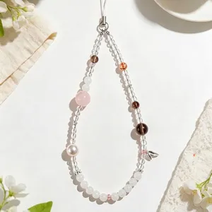 Handmade beaded phone charm lanyard with natural rose quartz and amethyst crystals