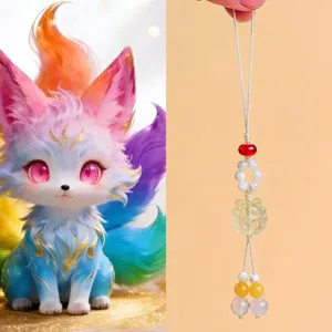 Adorable nine-tailed fox natural crystal beaded phone charm and bag hanging accessory.
