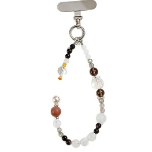 Elegant handmade obsidian and white crystal beaded phone strap with carved nine-tailed fox charm
